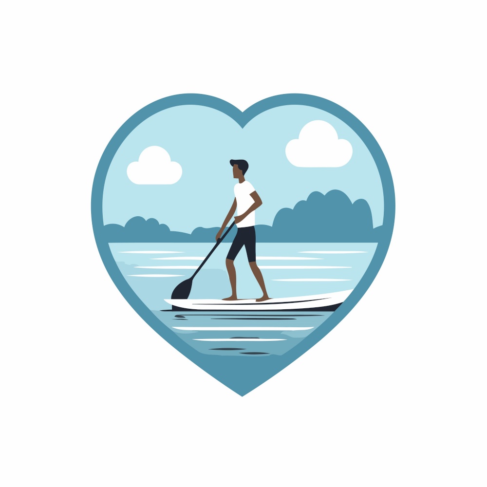 Young man standing on stand up paddle board in the shape of a heart. Vector illustration.