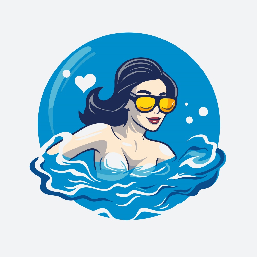 Illustration of a woman swimming in a pool with heart shaped sunglasses