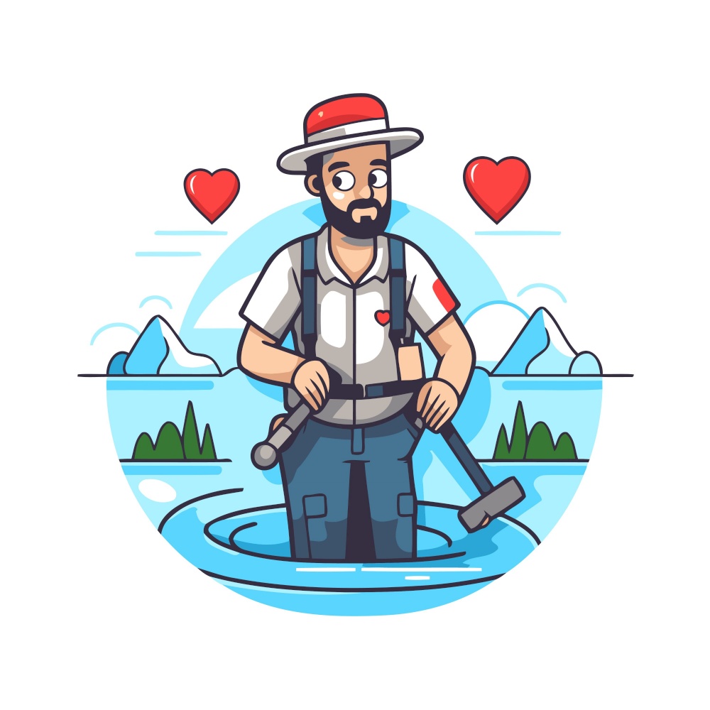 Fisherman with a rowing boat. Vector illustration in cartoon style