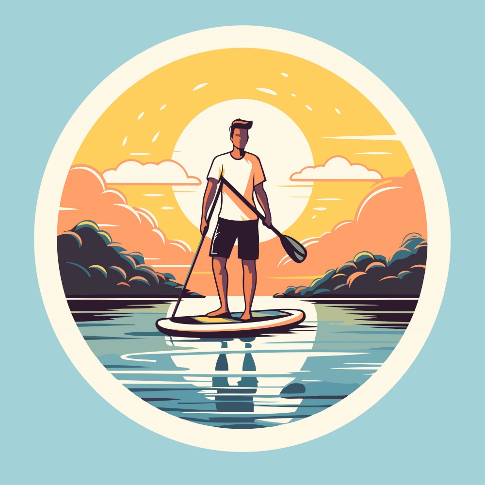 Young man on stand up paddleboard. Flat design vector illustration.