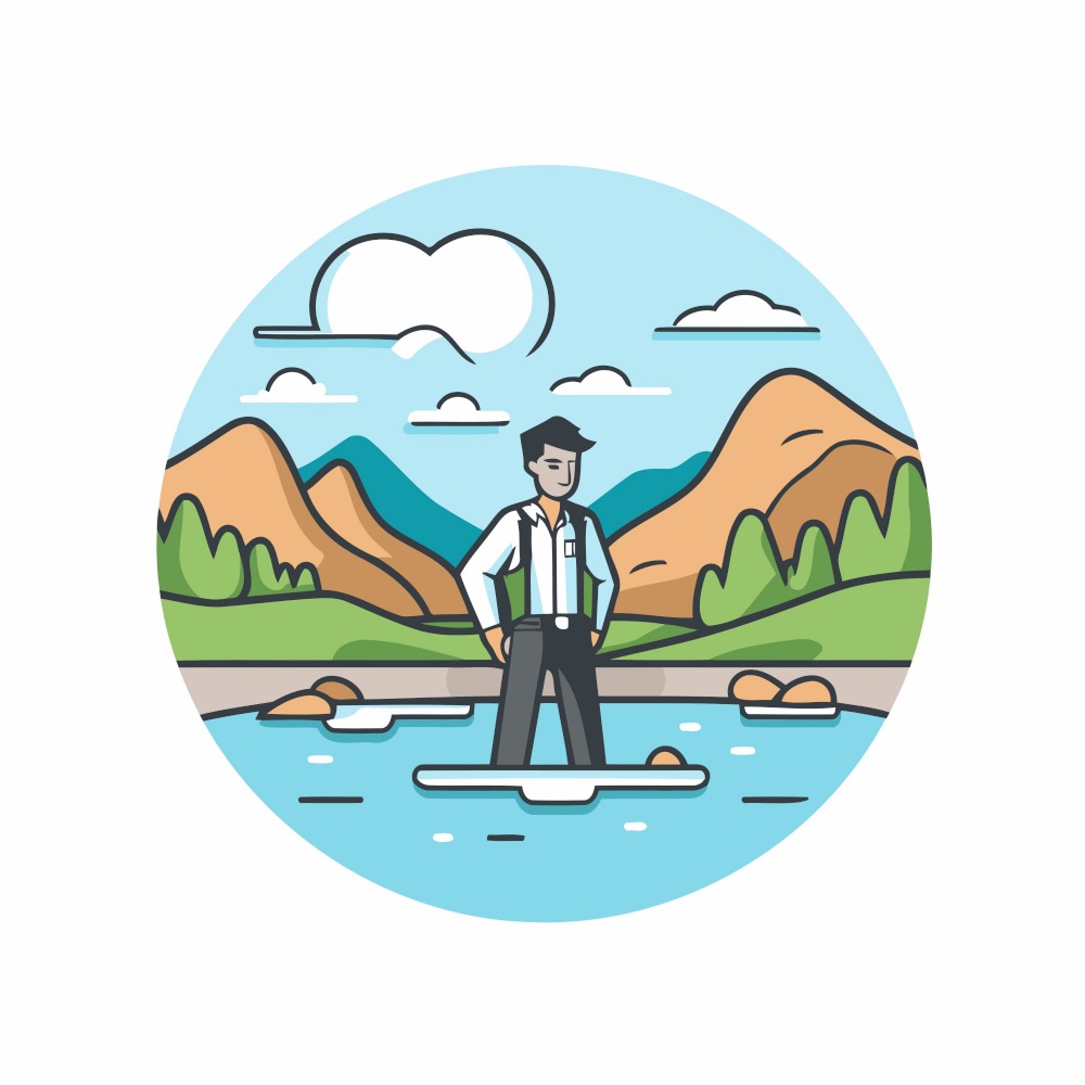 Businessman on stand up paddle board. Flat style vector illustration.