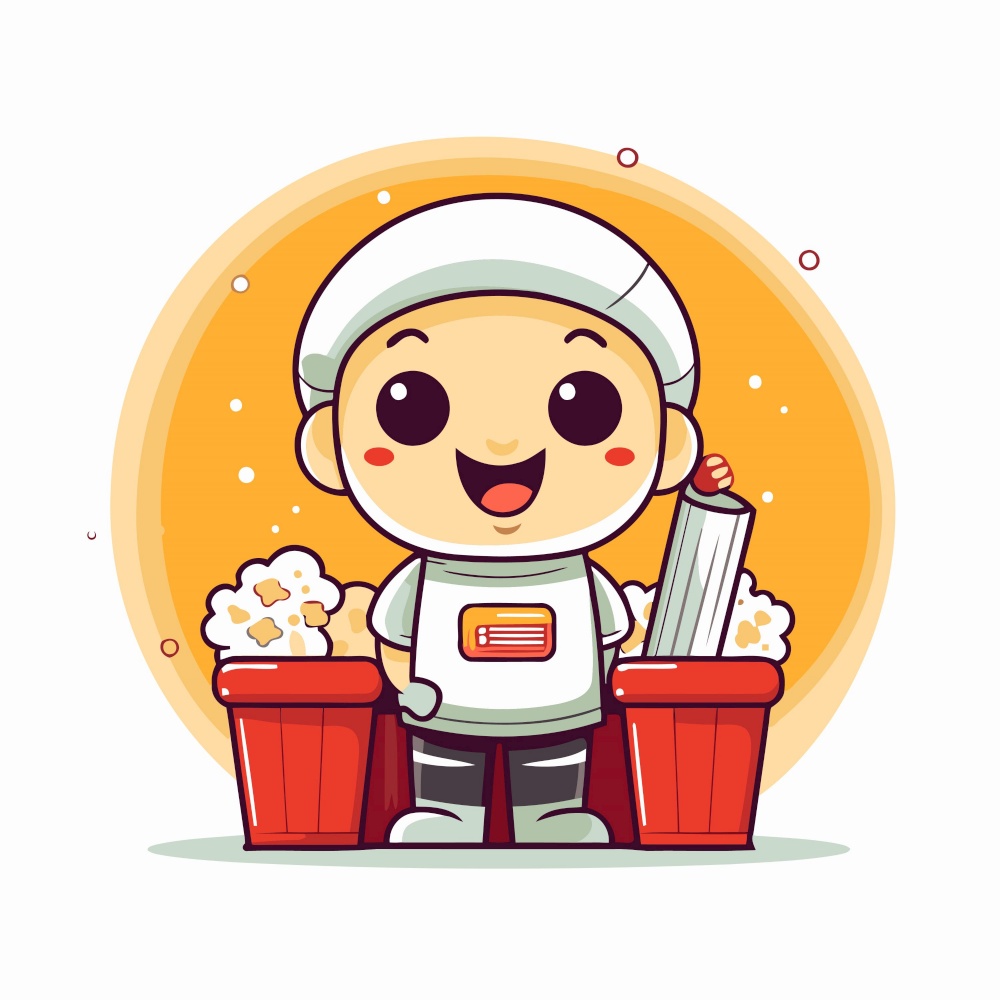 Cute boy cartoon character holding bucket of popcorn. Vector illustration.