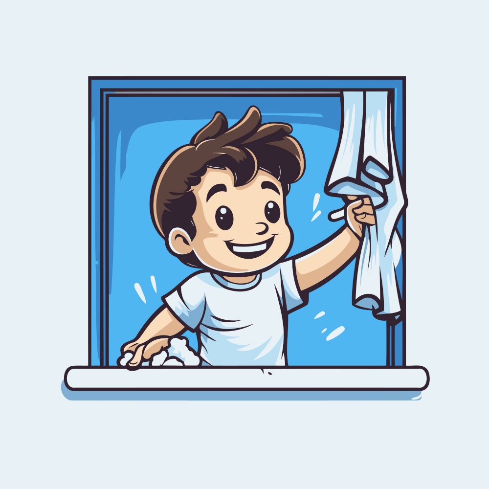 Illustration of a boy washing window at home. Vector illustration.