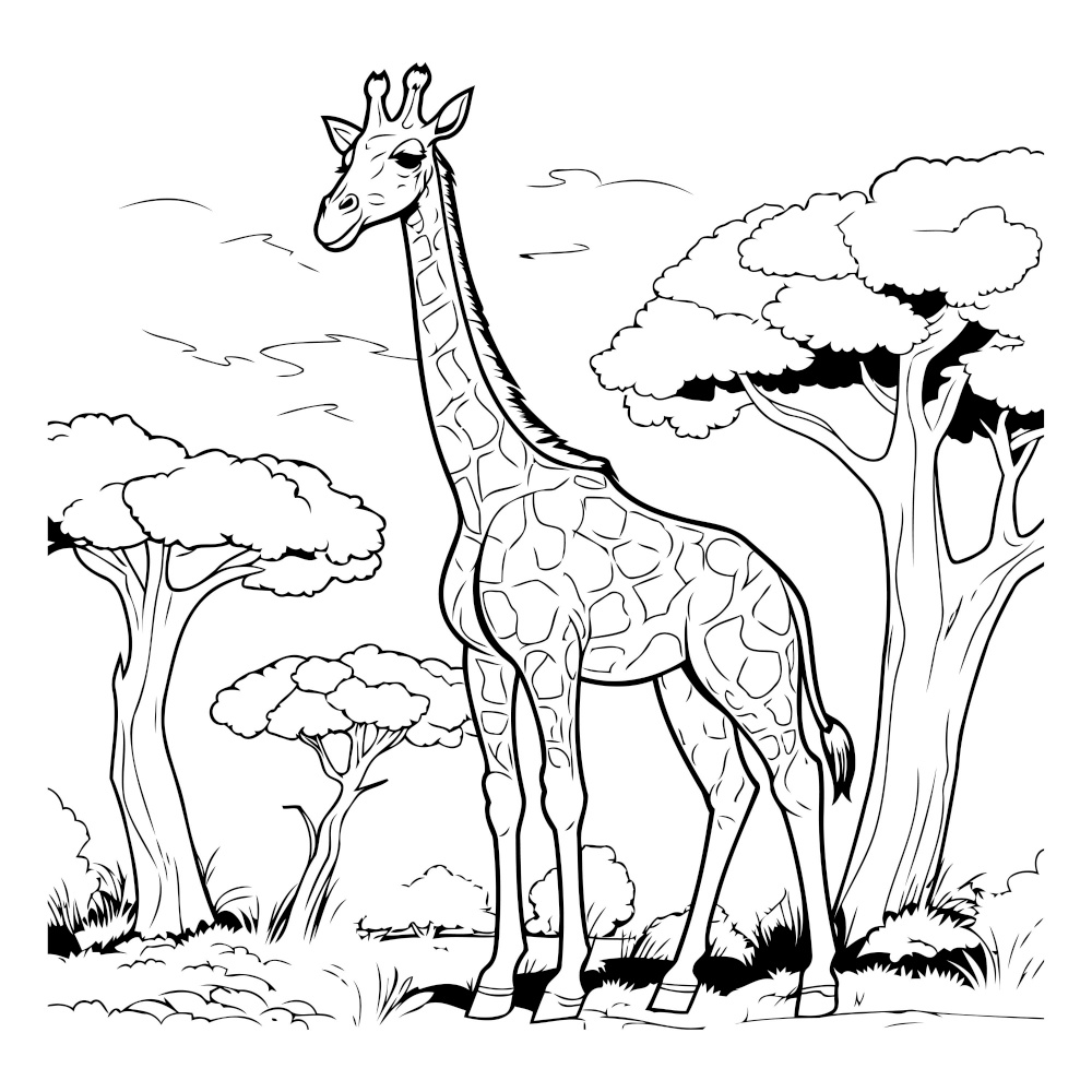 Giraffe in the savannah. black and white vector illustration