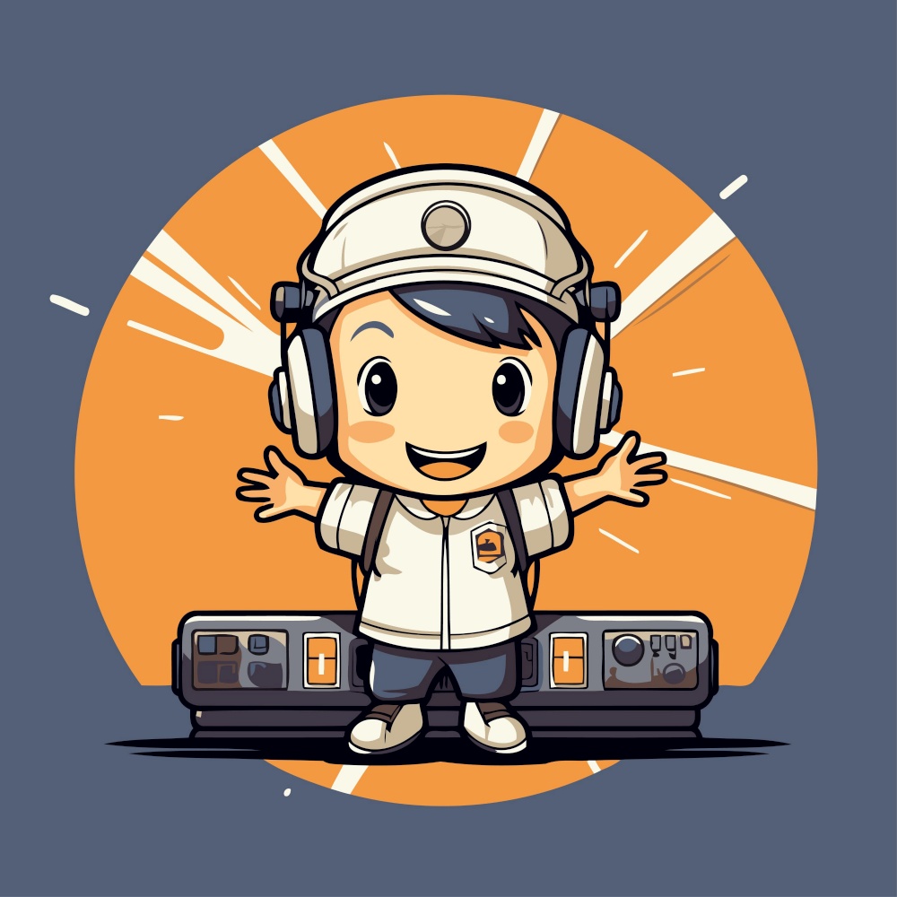 Cute boy in astronaut suit with headphones and dj mixer. Vector illustration.