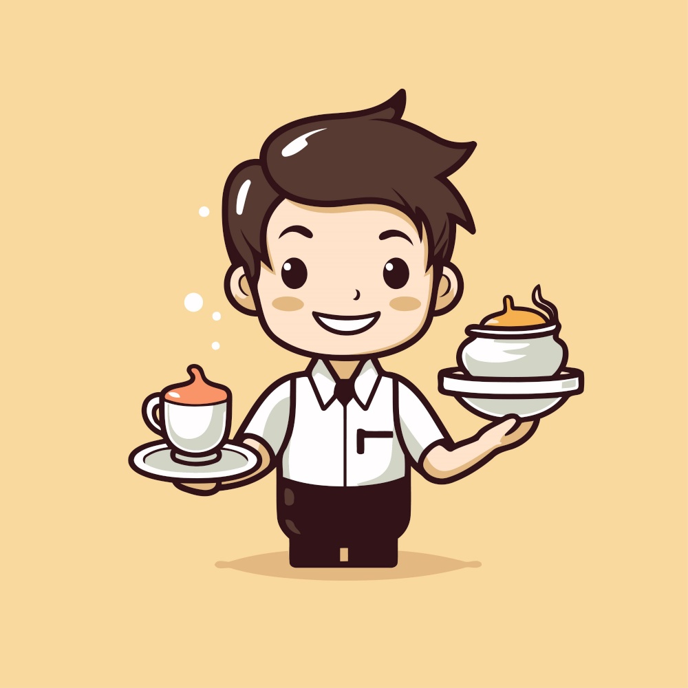 Coffee Shop Waiter - Cute Cartoon Vector Illustration