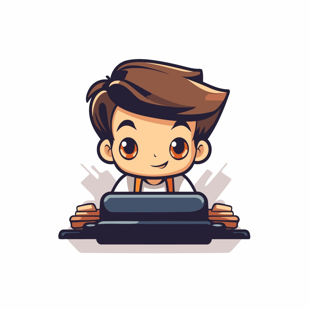Cute boy working on laptop. Vector flat cartoon character illustration.