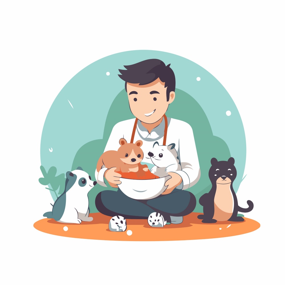 Veterinarian holding a cat and dog. Vector illustration in cartoon style.