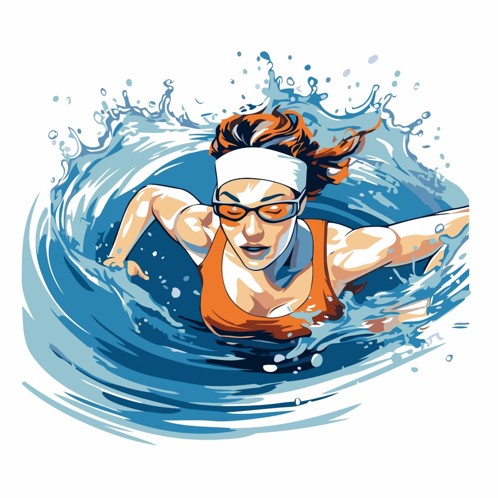 Swimmer in glasses and cap swimming in the pool. Vector illustration.