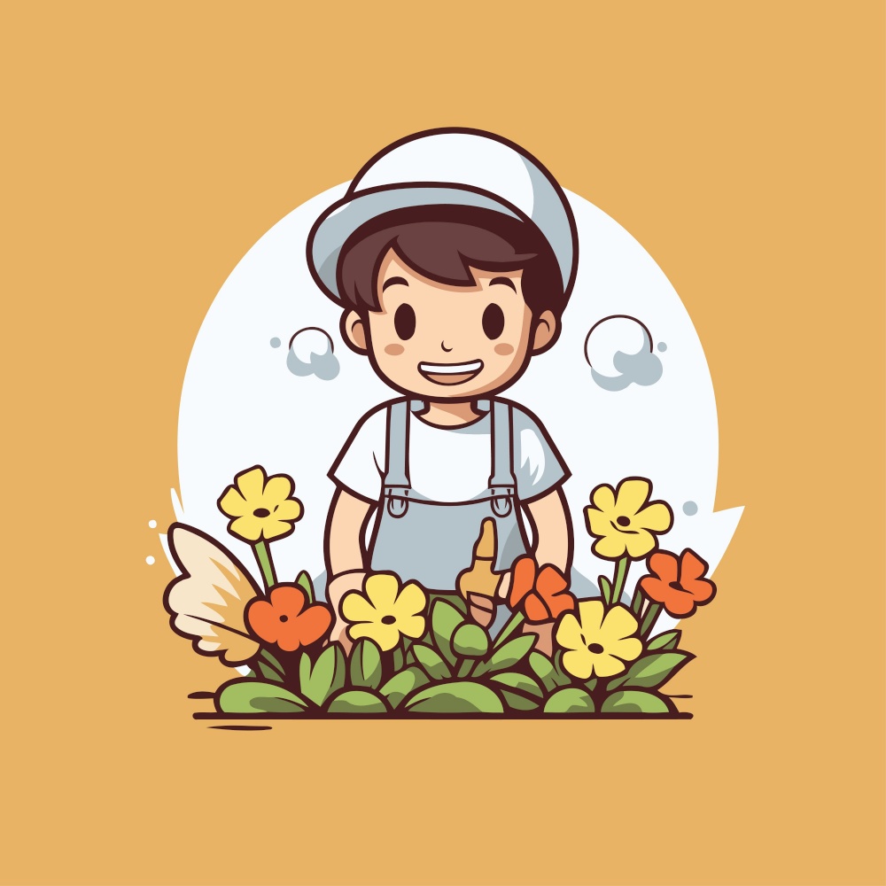 cute boy gardener with flowers cartoon vector illustration eps 10