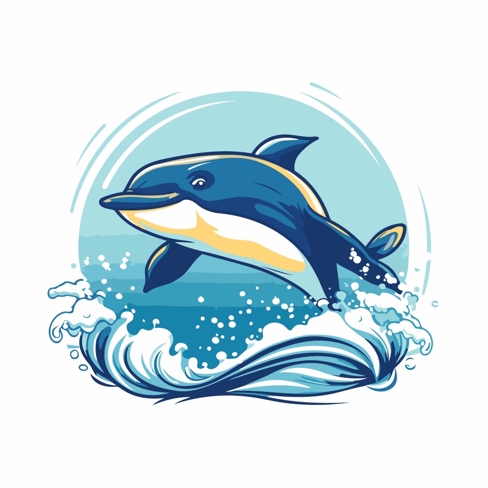 Cute cartoon killer whale jumping out of the water. Vector illustration.
