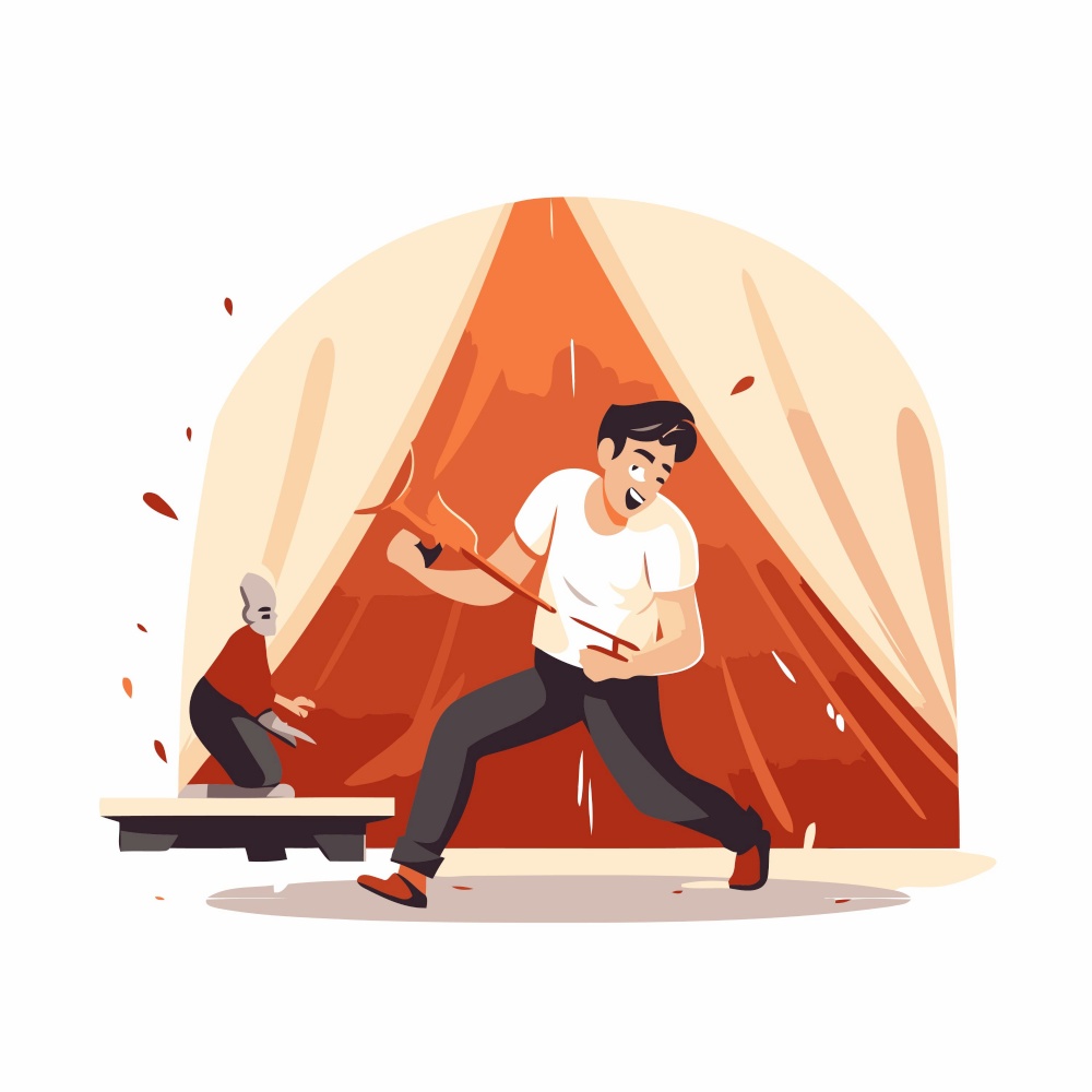 Man in a wigwam playing guitar. Flat vector illustration.