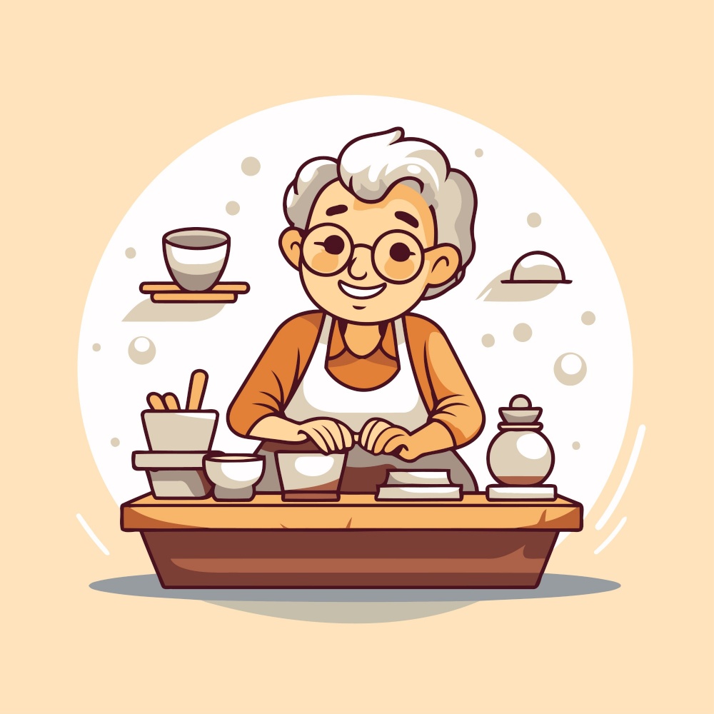 Elderly woman in apron sitting at table and making tea. Vector illustration.