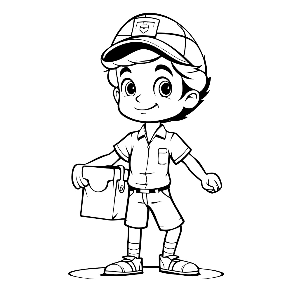 Black and White Cartoon Illustration of a Kid Boy Holding a Briefcase or Briefcase
