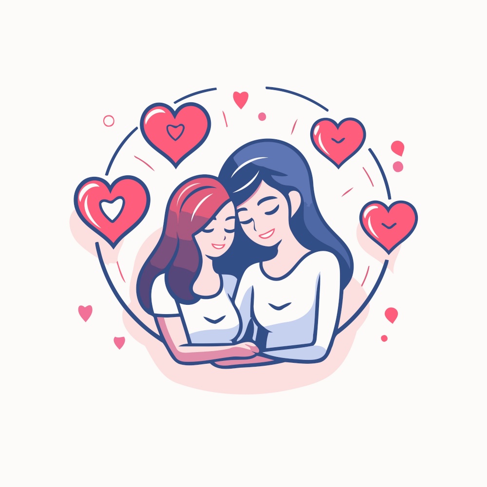 Vector illustration of two girls in love hugging each other with hearts around them