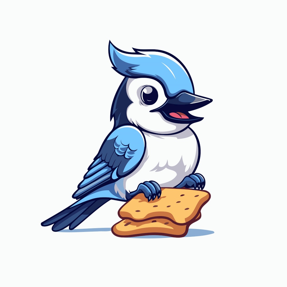 Cute blue bird sitting on a piece of bread. Vector illustration.