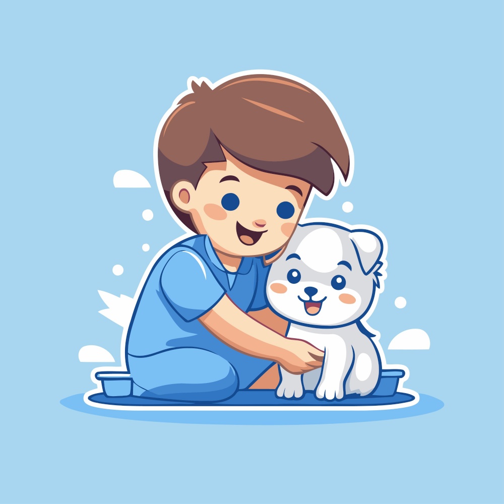 Cute cartoon boy playing with his dog. Vector Illustration.