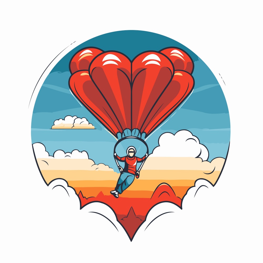Vector illustration of a man flying in a red hot air balloon.