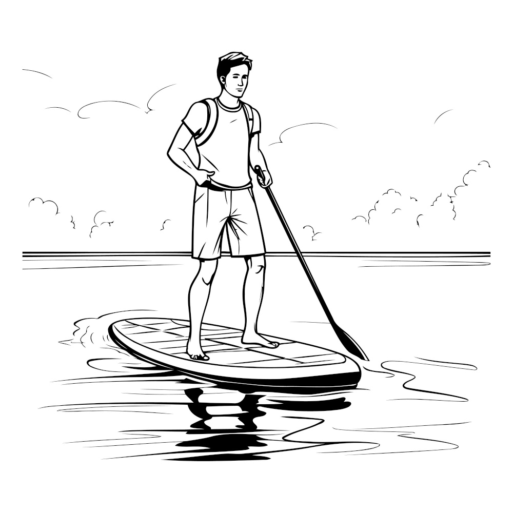 Man on a stand up paddle board. Black and white vector illustration.