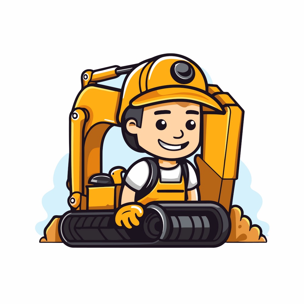 Cute little boy driving excavator. Vector illustration. Isolated on white background.