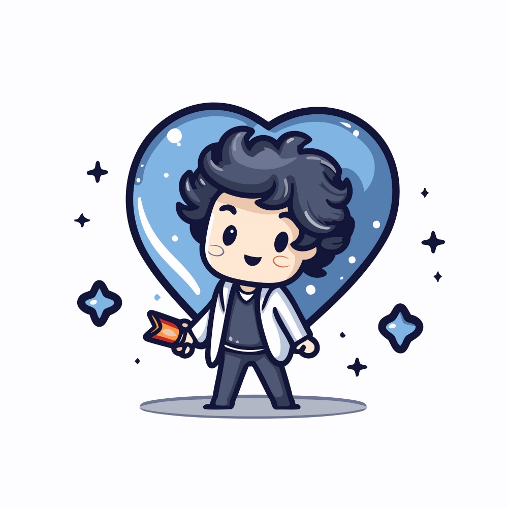 Cute boy holding gift box in heart shape. Vector illustration.