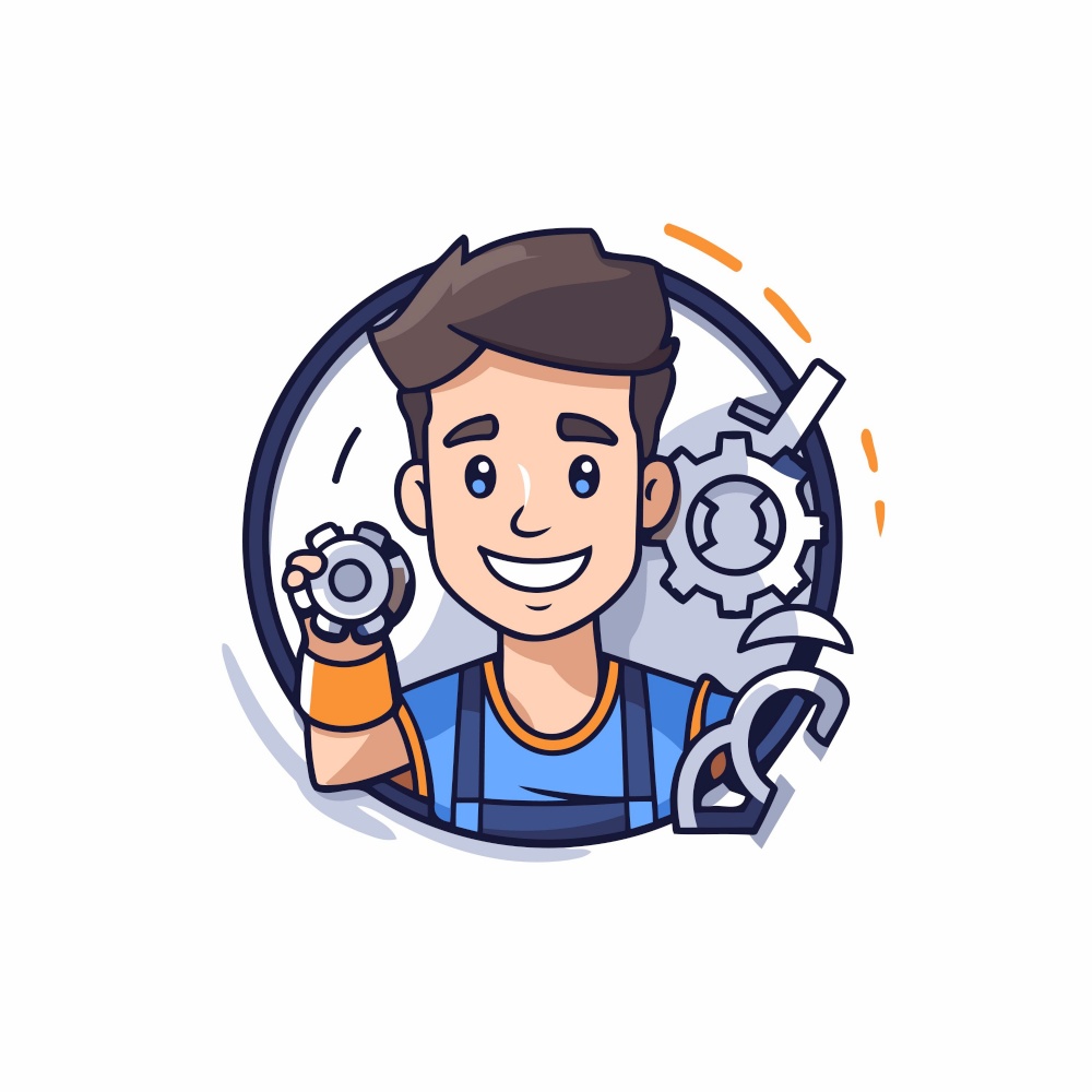 Mechanic man holding wrench and gear wheel. Vector illustration in cartoon style.