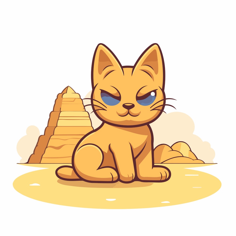 Cute cartoon cat sitting on the sand in desert. Vector illustration