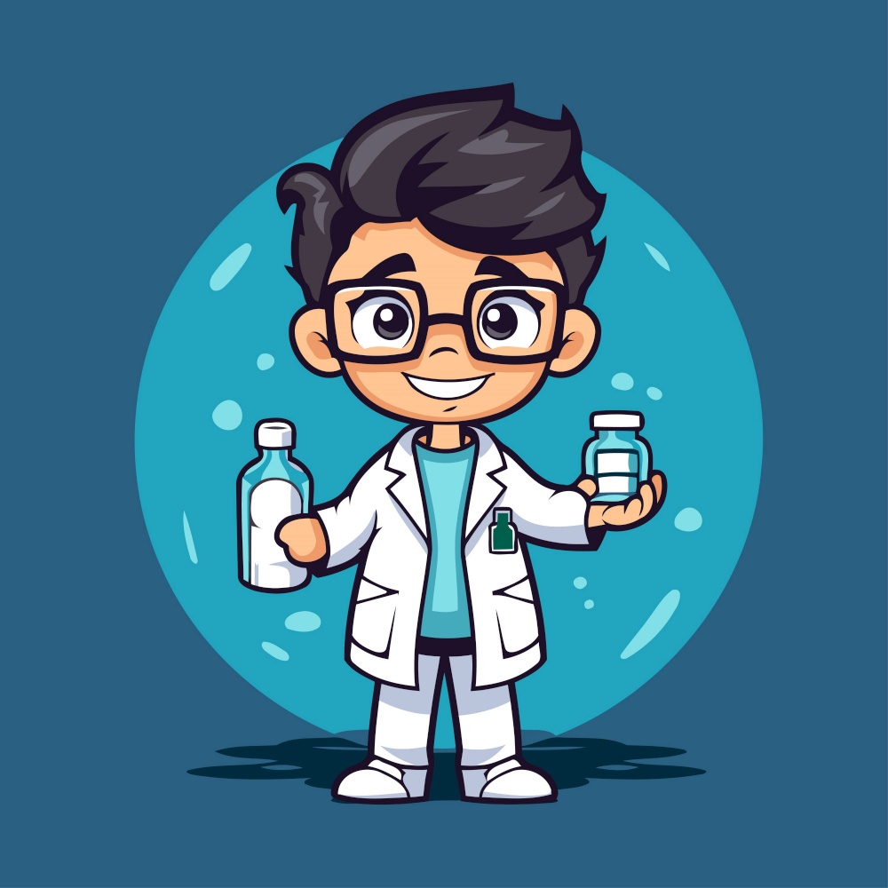Cute cartoon doctor with bottle of water. Vector illustration in a flat style.