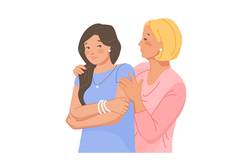 Breakup friends. Empathy person comforting best friend, support mom hug sad comforted child, friendly or parent comfort, cartoon vector illustration of mother supportive teenage. Breakup friends. Empathy person comforting best friend, support mom hug sad comforted child, friendly or parent comfort, cartoon vector illustration