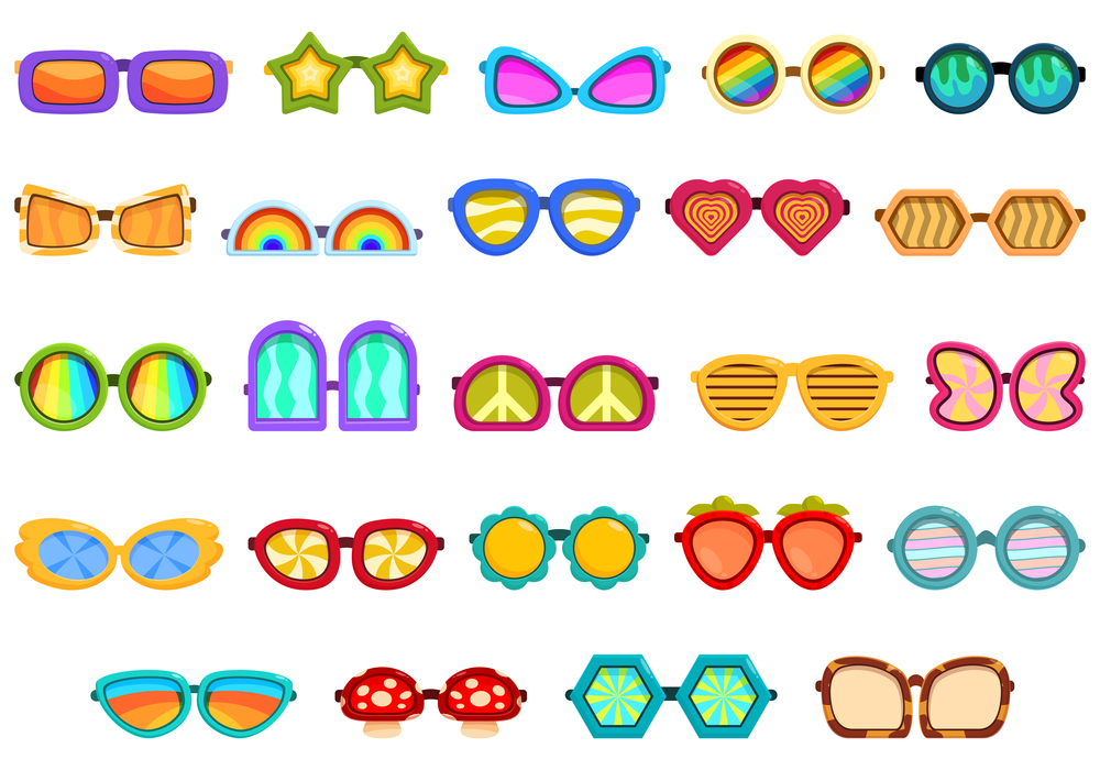 Groovy sunglasses icons set cartoon vector. Star funky. Shape fashion disco. Groovy sunglasses icons set cartoon vector. Star funky