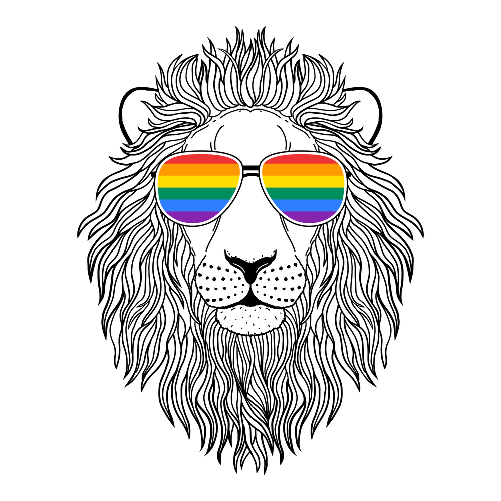 Lion muzzle with sunglasses  on white background. Idea for t-shirts design.