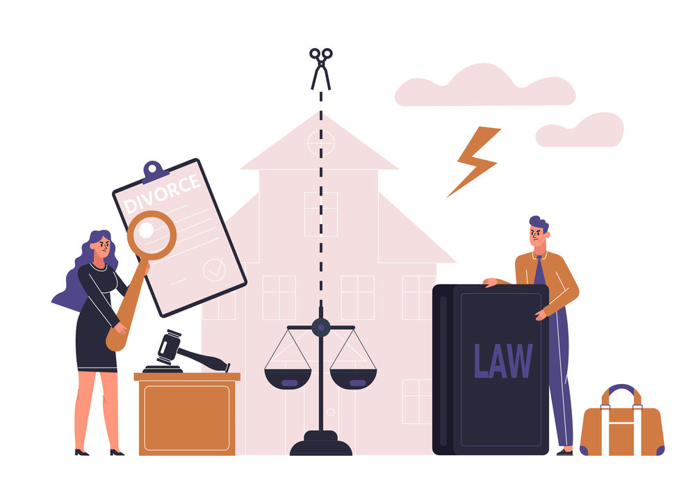 Family breakup, property division, divorce code concept. Argument between husband and wife. Marriage conflict, court decision and separation. Fighting characters vector illustration. Family breakup, property division, divorce code concept. Argument between husband and wife. Marriage conflict