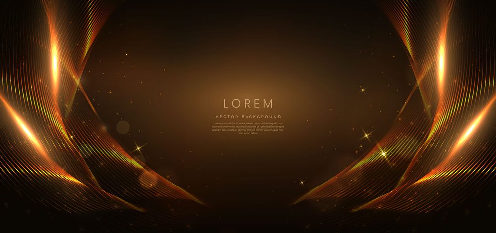 Abstract luxury golden curved lines overlapping on dark brown background with lighting effect and sprkle. Template premium award design. Vector illustration