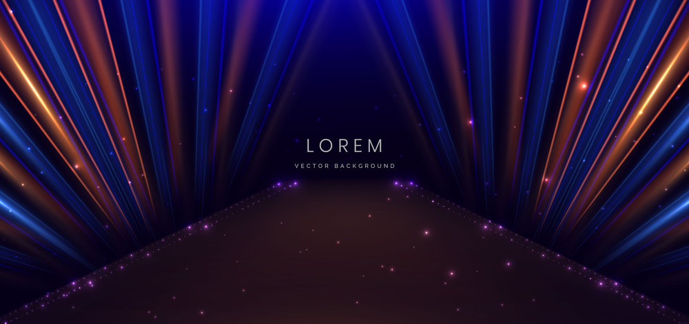 Elegant stage background with blue and orange neon line and lighting effect sparkle. Luxury template award design. Vector illustration