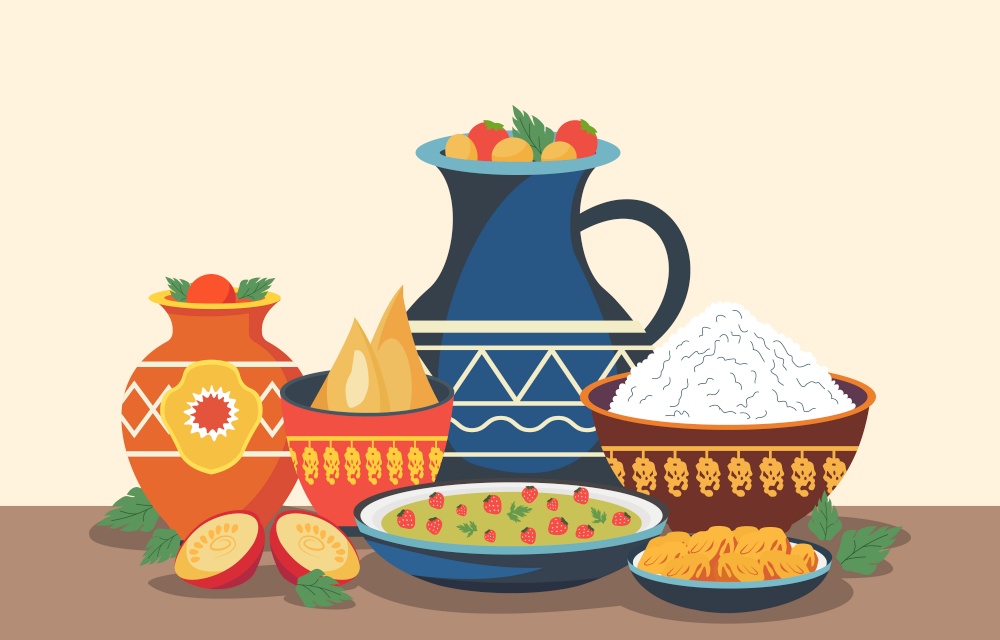 Flat Design Illustration of Traditional Food Dishes in Vase Bowl for Nowruz Celebration