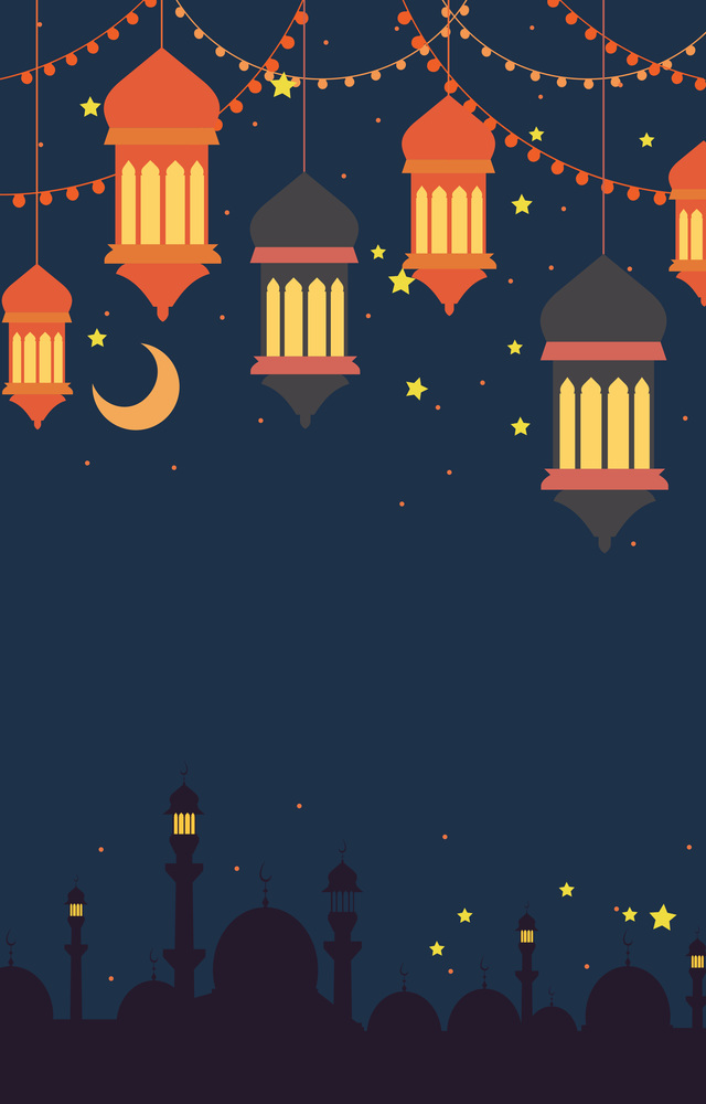 Mosque Silhouette and Lantern at Night Sky Islamic Festival Card Background