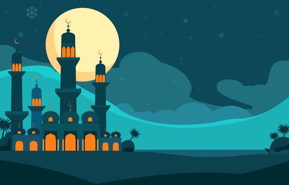 Islamic Mosque Eid Al Fitr Festival Card in Night Sky