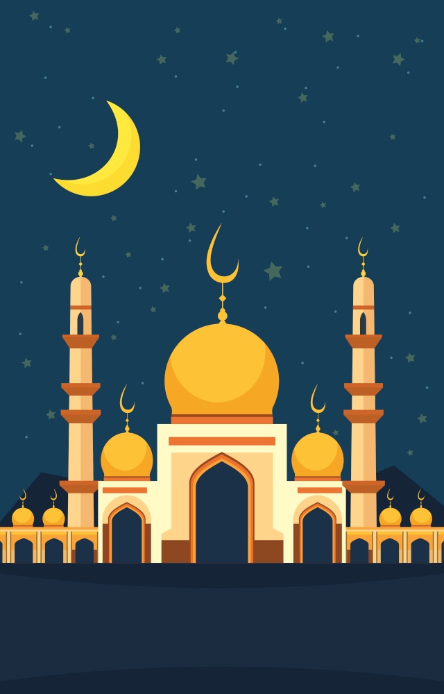 Islamic Mosque Eid Al Fitr Festival Card in Night Sky