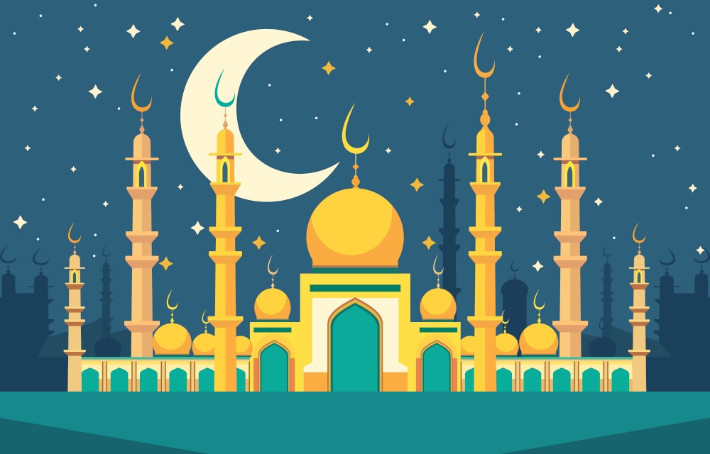 Mosque and Big Crescent Moon at Night Sky Islamic Festival Card