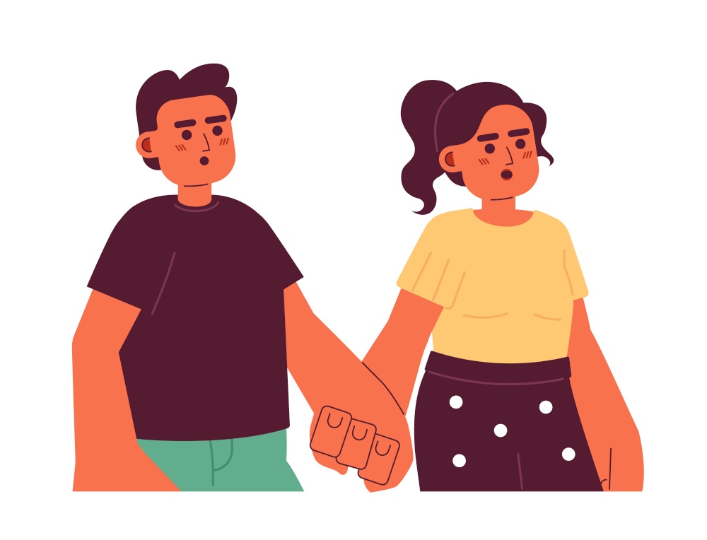 Latin american husband wife holding hands 2D cartoon characters. Hispanic young adults couple opened mouth isolated vector people white background. Romantic lovers stunned color flat spot illustration. Latin american husband wife holding hands 2D cartoon characters