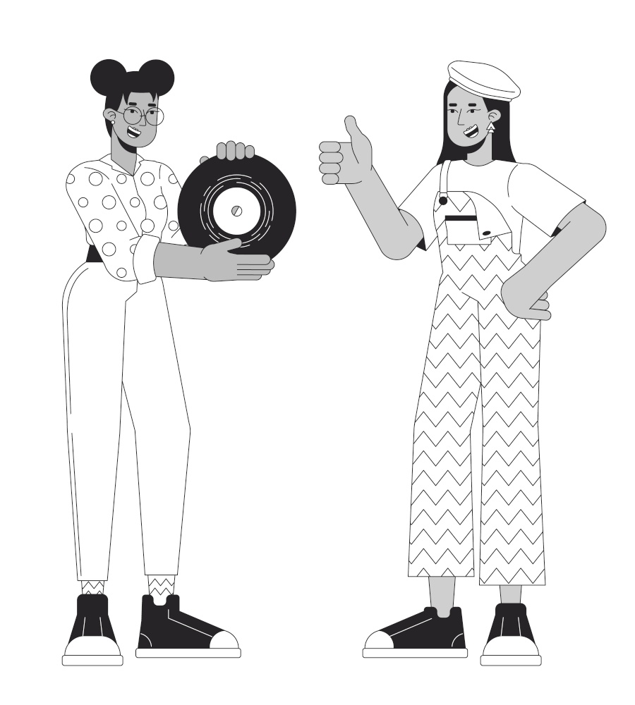 Showing off phonograph record black and white cartoon flat illustration. 80s lovers friends diverse 2D lineart characters isolated. Approval thumb up. Nostalgia monochrome scene vector outline image. Showing off phonograph record black and white cartoon flat illustration