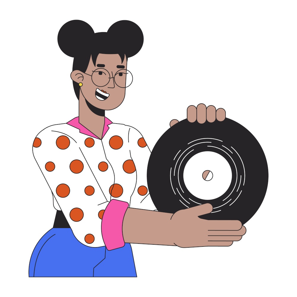 African american girl showing vinyl record 2D linear cartoon character. Gen z black woman retro music lover isolated line vector person white background. Nostalgia hobby color flat spot illustration. African american girl showing vinyl record 2D linear cartoon character