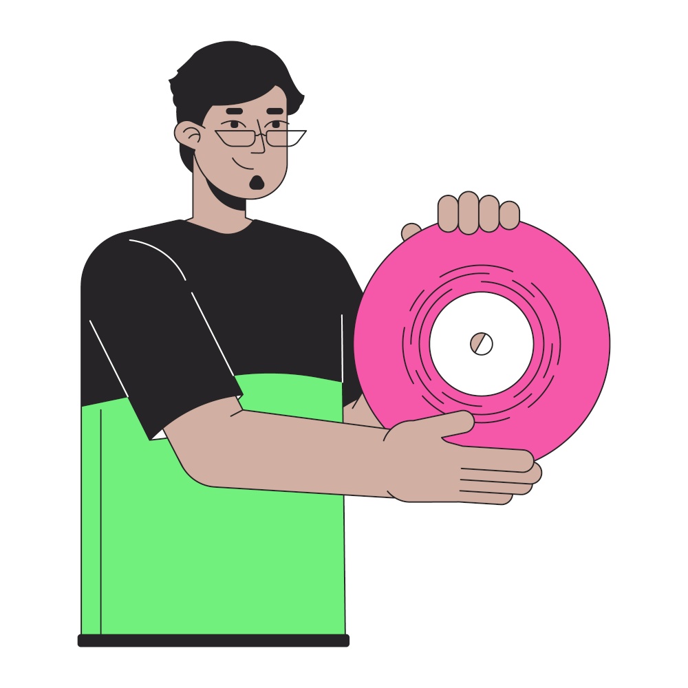 Happy arab man presenting vinyl record 2D linear cartoon character. Millennial guy retro music lover isolated line vector person white background. Nostalgia audio color flat spot illustration. Happy arab man presenting vinyl record 2D linear cartoon character