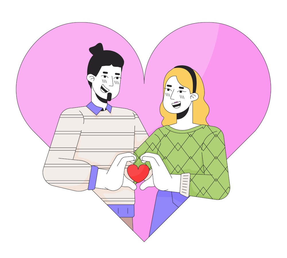 Caucasian girlfriend boyfriend 14 february 2D linear illustration concept. Valentine day couple cartoon characters isolated on white. Bonding relationship metaphor abstract flat vector outline graphic. Caucasian girlfriend boyfriend 14 february 2D linear illustration concept
