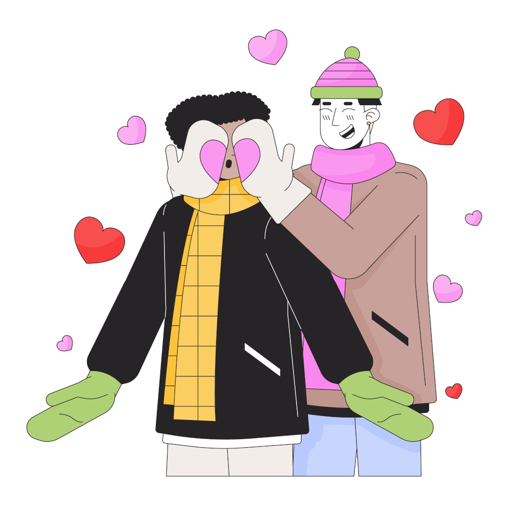 Gay man covering boyfriend eyes surprise line cartoon flat illustration. Cold weather homosexual couple 2D lineart characters isolated on white background. Romantic winter scene vector color image. Gay man covering boyfriend eyes surprise line cartoon flat illustration