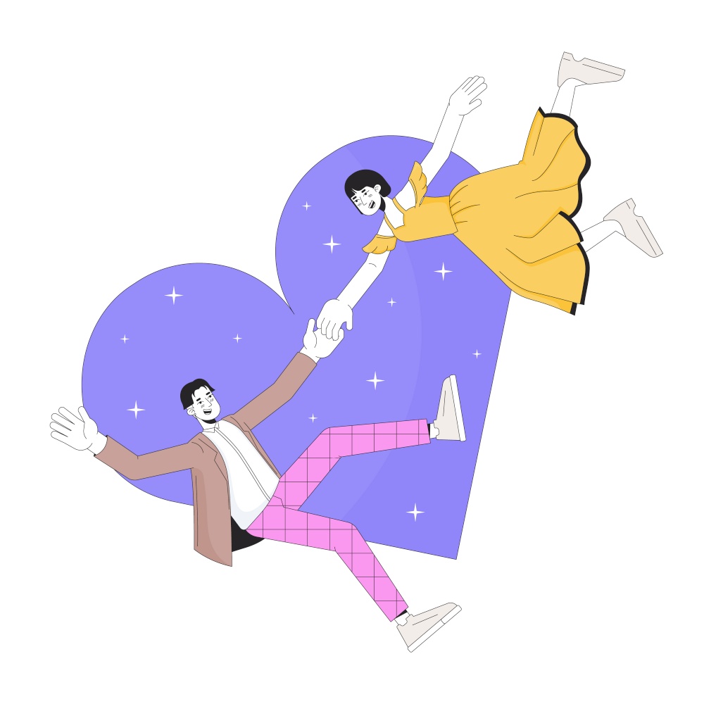 Asian couple love at first sight 2D linear illustration concept. Korean boyfriend girlfriend cartoon characters isolated on white. Romantic dreamy metaphor abstract flat vector outline graphic. Asian couple love at first sight 2D linear illustration concept