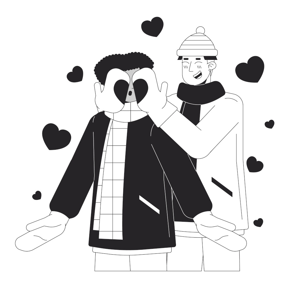 Gay man covering boyfriend eyes surprise black and white cartoon flat illustration. Cold weather homosexual couple 2D lineart characters isolated. Romantic winter monochrome scene vector outline image. Gay man covering boyfriend eyes surprise black and white cartoon flat illustration