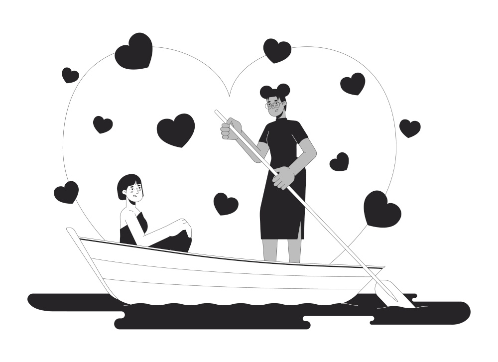 Girlfriends in love rowing boat on lake black and white 2D illustration concept. Interracial couple lesbian lovers cartoon outline characters isolated on white. Romantic metaphor monochrome vector art. Girlfriends in love rowing boat on lake black and white 2D illustration concept