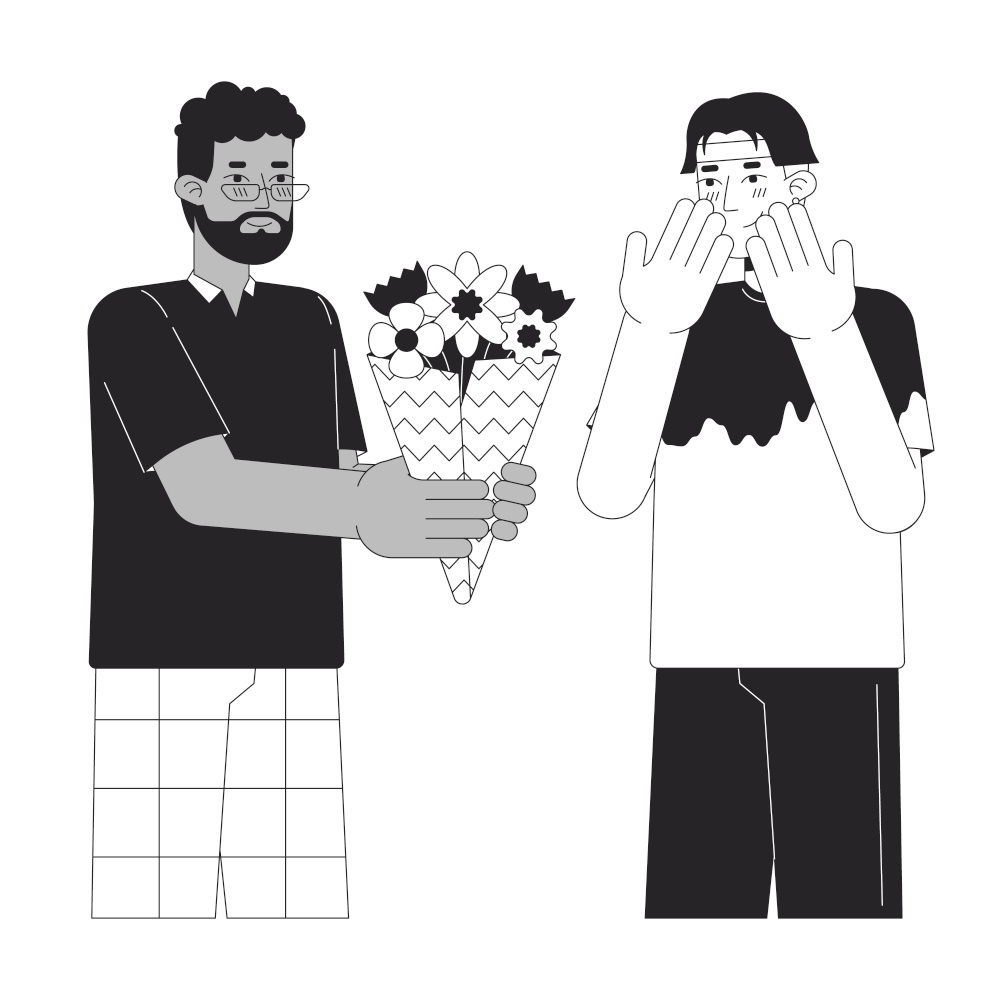 Man gifting flower bouquet to male lover male black and white cartoon flat illustration. Interracial couple gay 2D lineart characters isolated. Valentines present monochrome scene vector outline image. Man gifting flower bouquet to male lover male black and white cartoon flat illustration