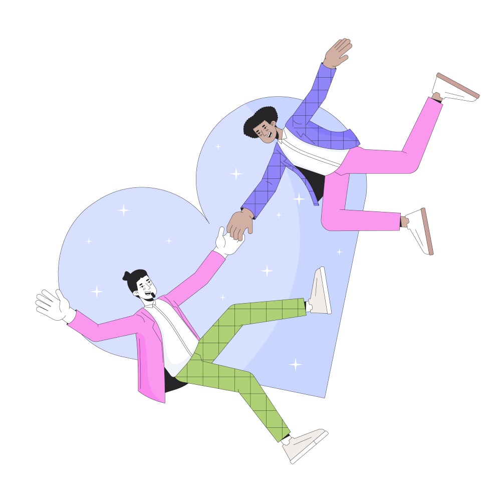 Gay men falling at first sight 2D linear illustration concept. Homosexual boyfriends cartoon characters isolated on white. Millennial love relationship metaphor abstract flat vector outline graphic. Gay men falling at first sight 2D linear illustration concept